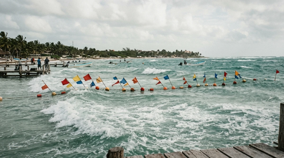 Choppy whitecaps on a shallow Caribbean bay with wind streaks and a flagsnapping buoy line