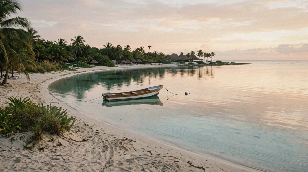 Soft sunrise over a calm shallow Caribbean bay with glassy water and one small boat
