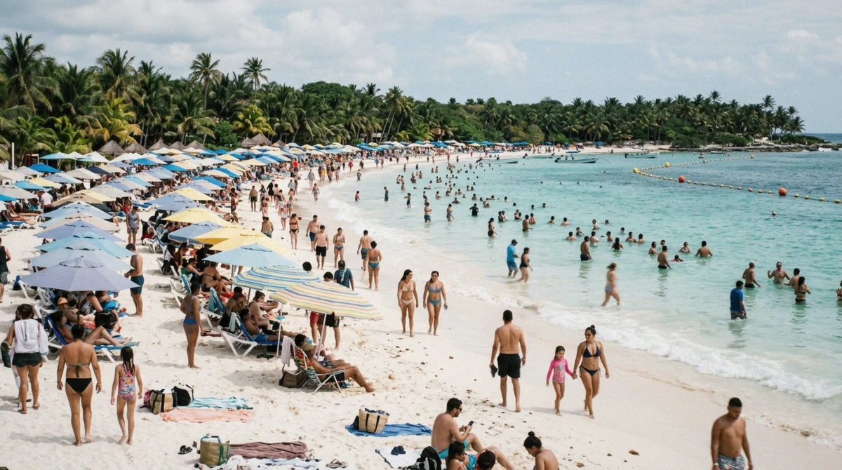 Busy beach day on a Caribbean bay with rows of umbrellas and swimmers wading to a buoy line