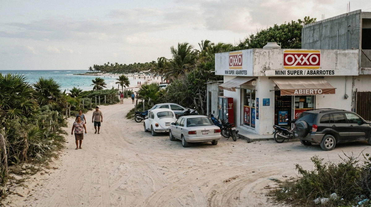 Narrow sandy access road toward a Caribbean beach with a small corner store on the corner