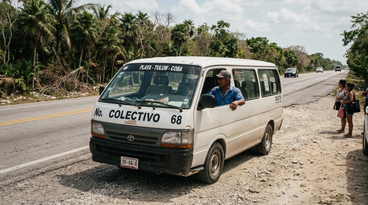 A white colectivo share van pulled over on the shoulder of a tropical highway with palms