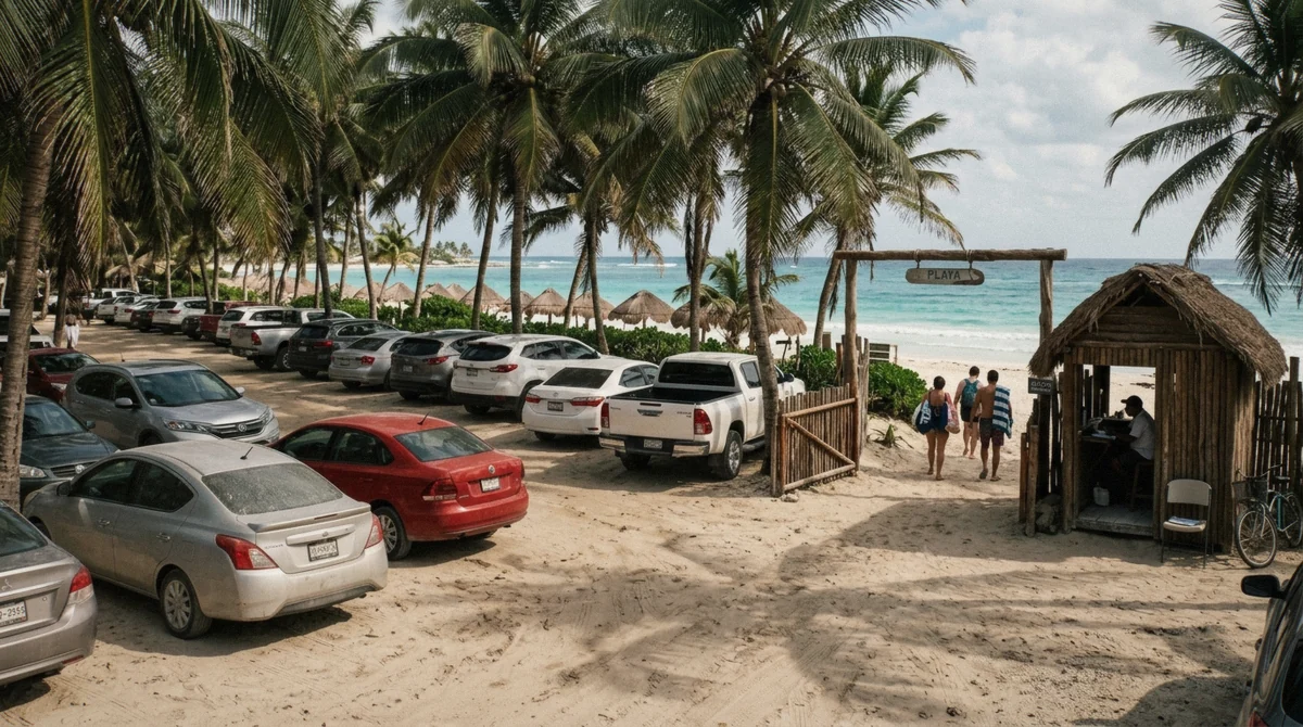 Sandy parking lot with parked cars under palms a short walk from a beach entrance arch