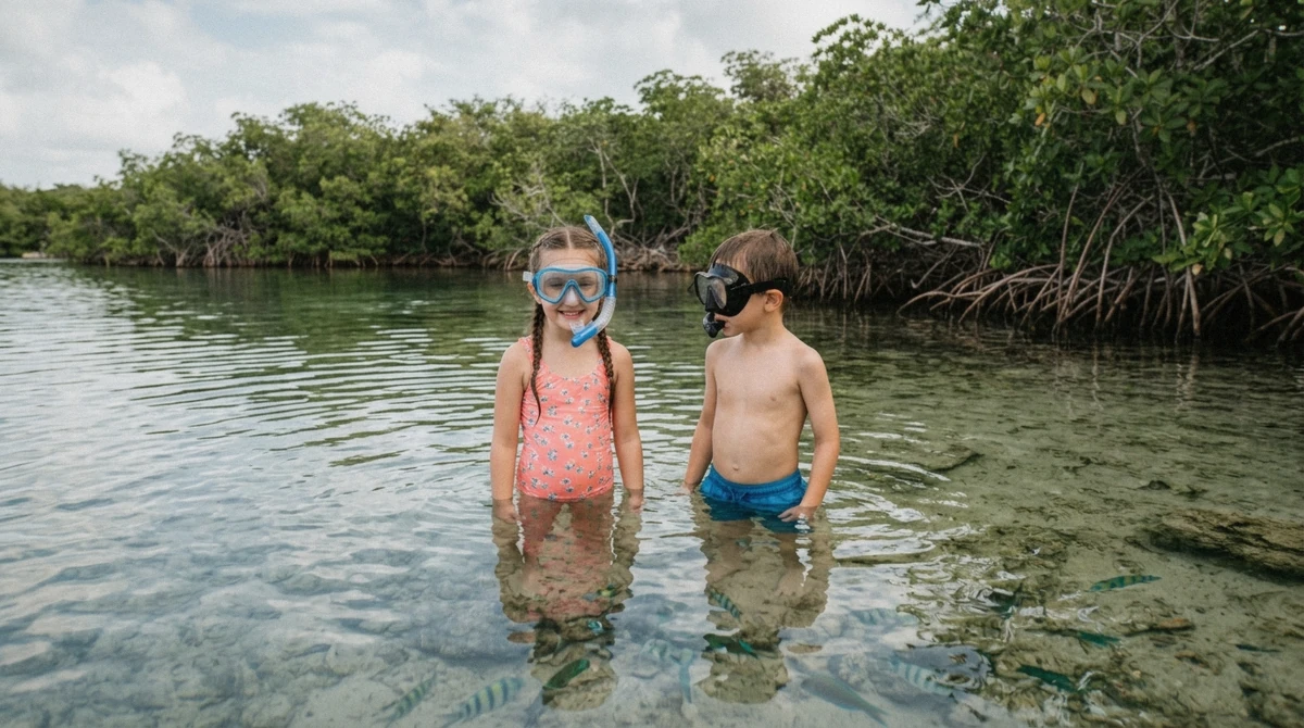 Two children floating in waist deep still lagoon water with masks, small fish darting below