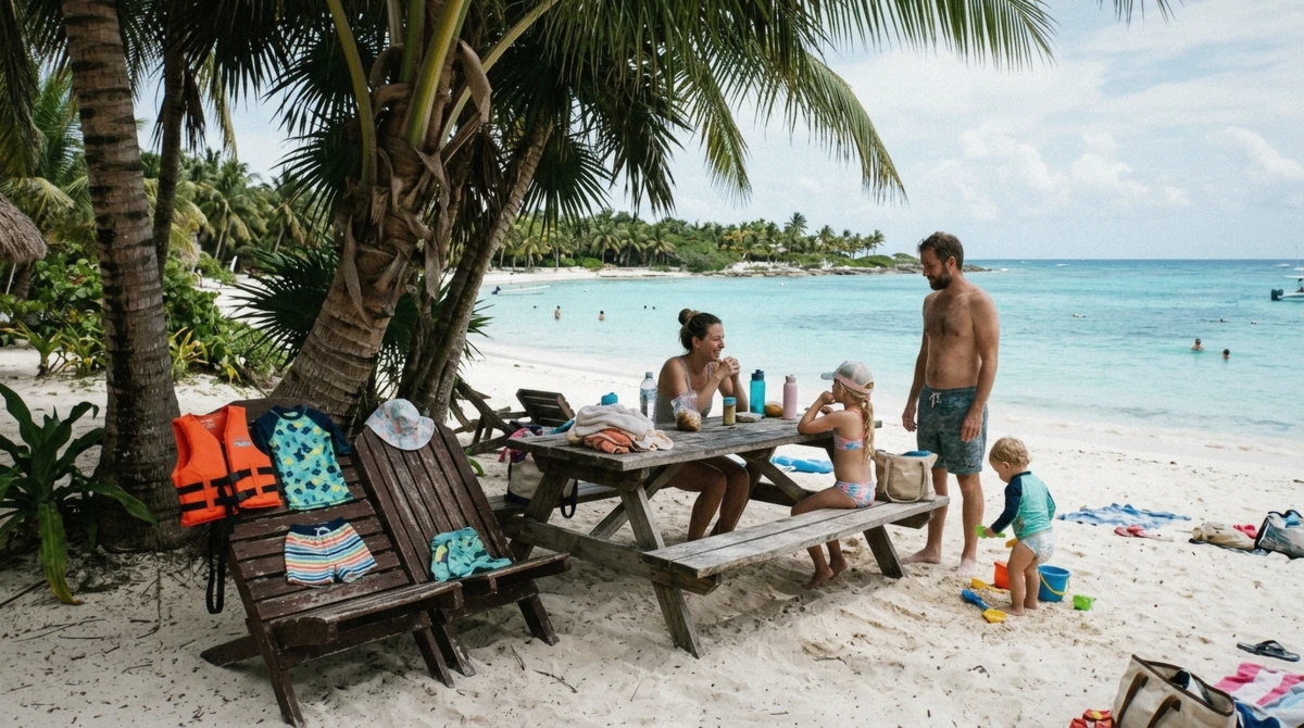 Shaded picnic table under palms at the edge of a white sand beach with a calm bay behind