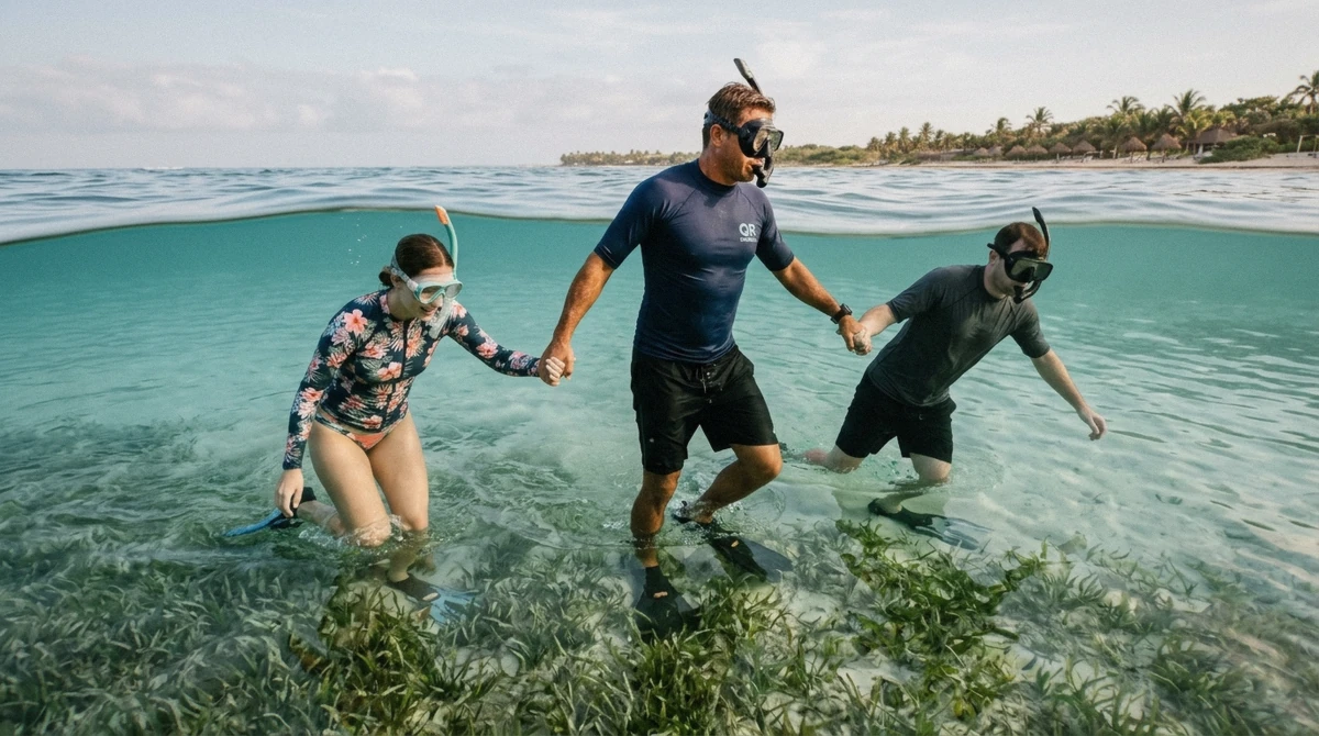 Snorkel guide leading two swimmers over a shallow seagrass meadow in a calm turquoise bay