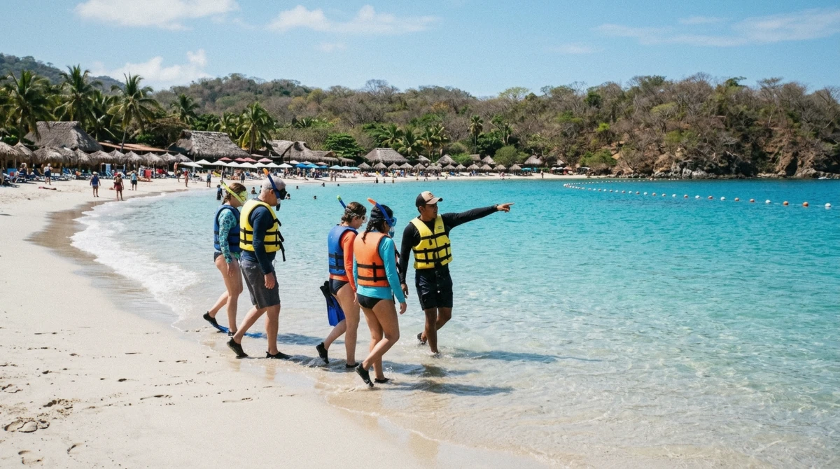 Snorkelers in life vests entering calm turquoise water from a white sand beach