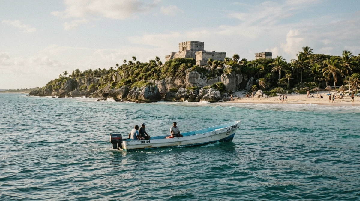 Small open boat on the Caribbean with ancient Mayan ruins on a low cliff behind