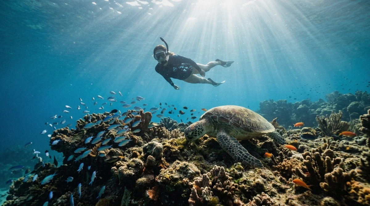 Snorkeler floating above a coral reef ledge with a green sea turtle grazing nearby