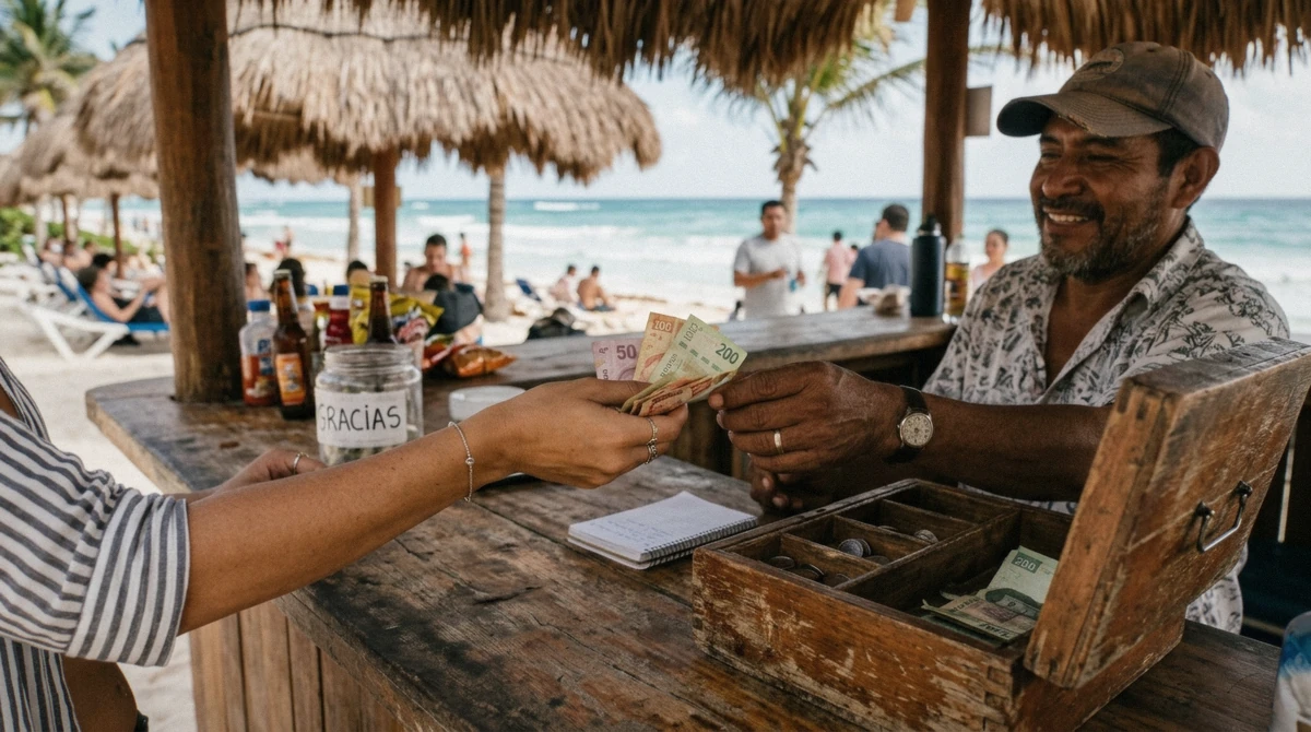 Hand passing folded Mexican peso bills over a small beach kiosk counter with a wooden cash box