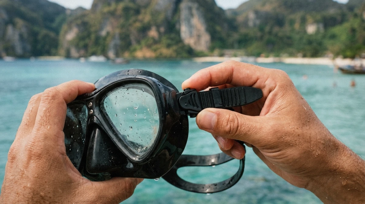 Close up of hands adjusting a silicone snorkel mask strap with water droplets on the glass