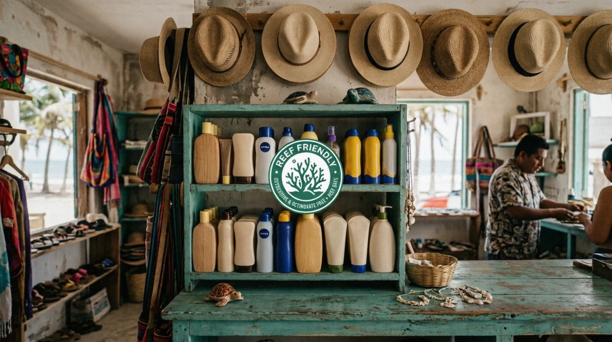 Small beach shop shelf with sunscreen bottles and one bottle marked with a reef friendly sticker