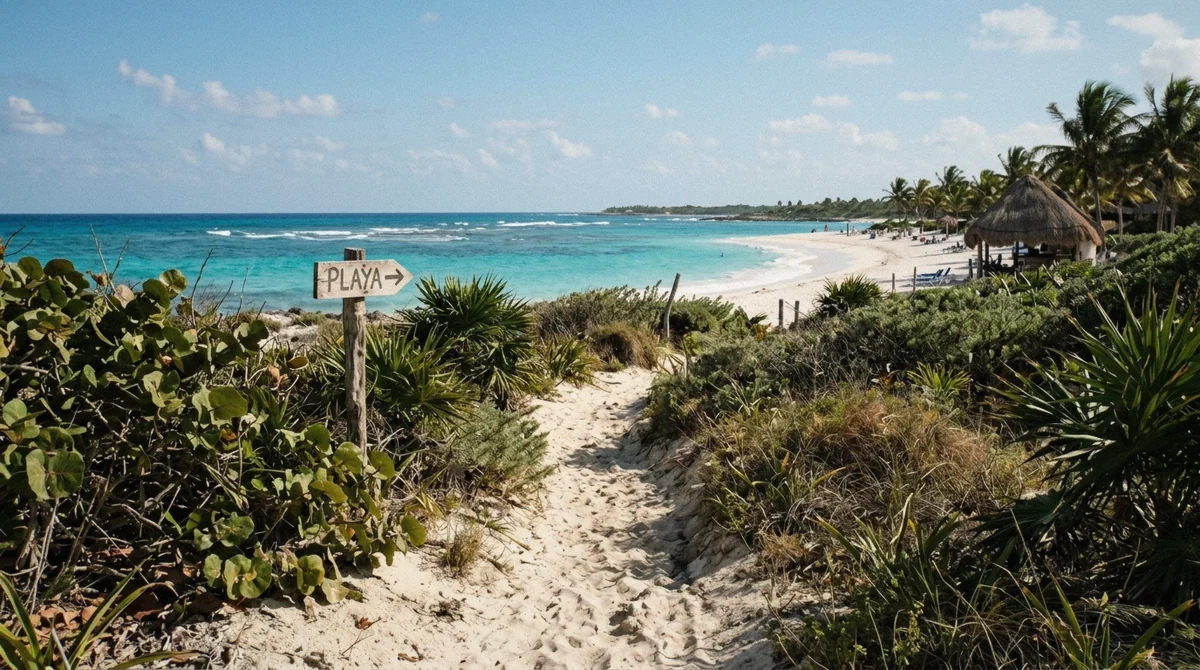 Sandy path through low coastal brush toward a white sand beach with turquoise water