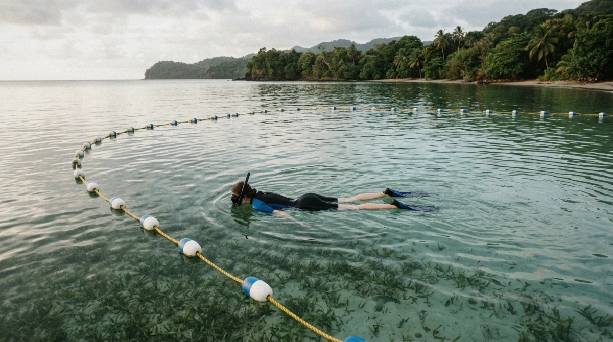 Lone snorkeler floating alone inside a quiet roped-off swimming area of clear shallow water
