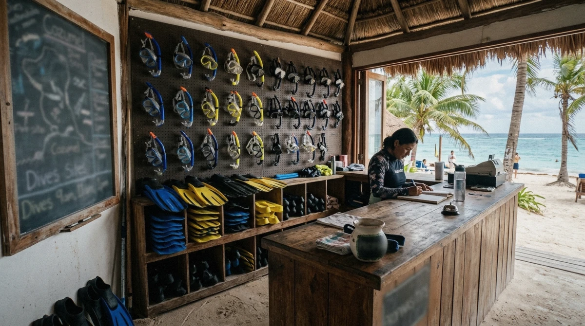 Small beach dive shop counter with rental snorkel masks hanging on a pegboard and stacked fins