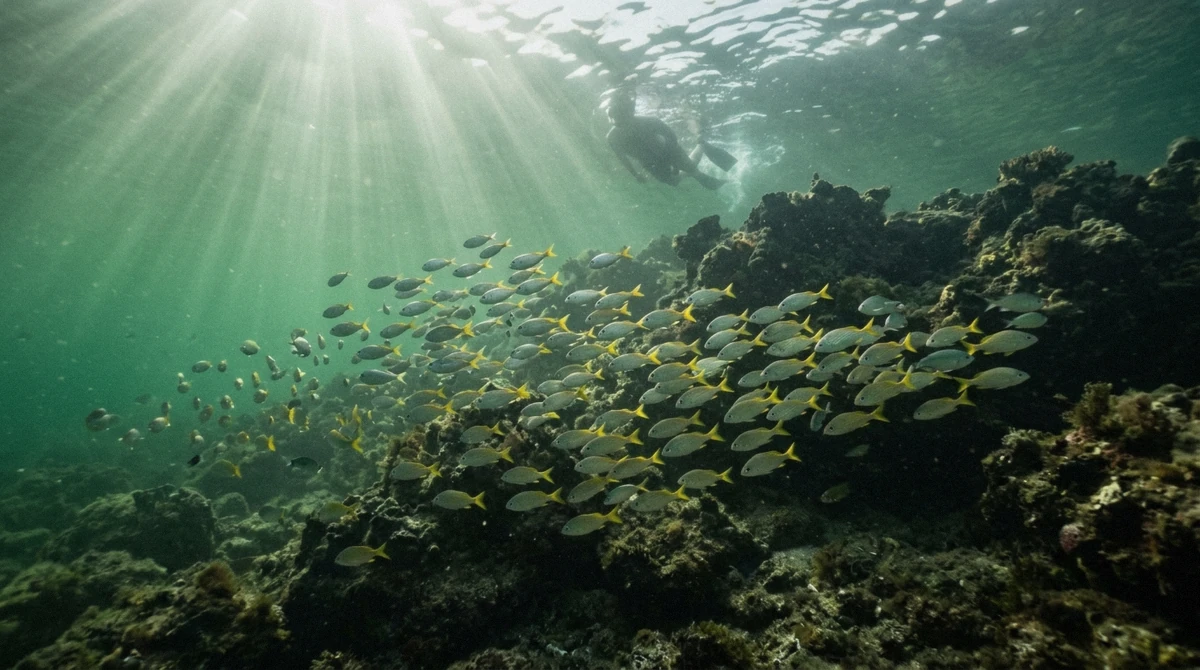 School of small silver and yellow reef fish in clear green-tinted brackish water