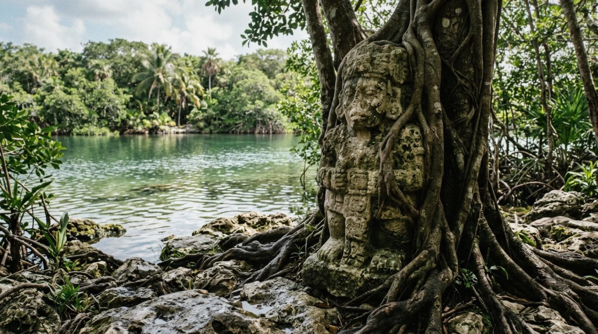 Weathered stone sculpture on a rocky lagoon shore half wrapped by tree roots